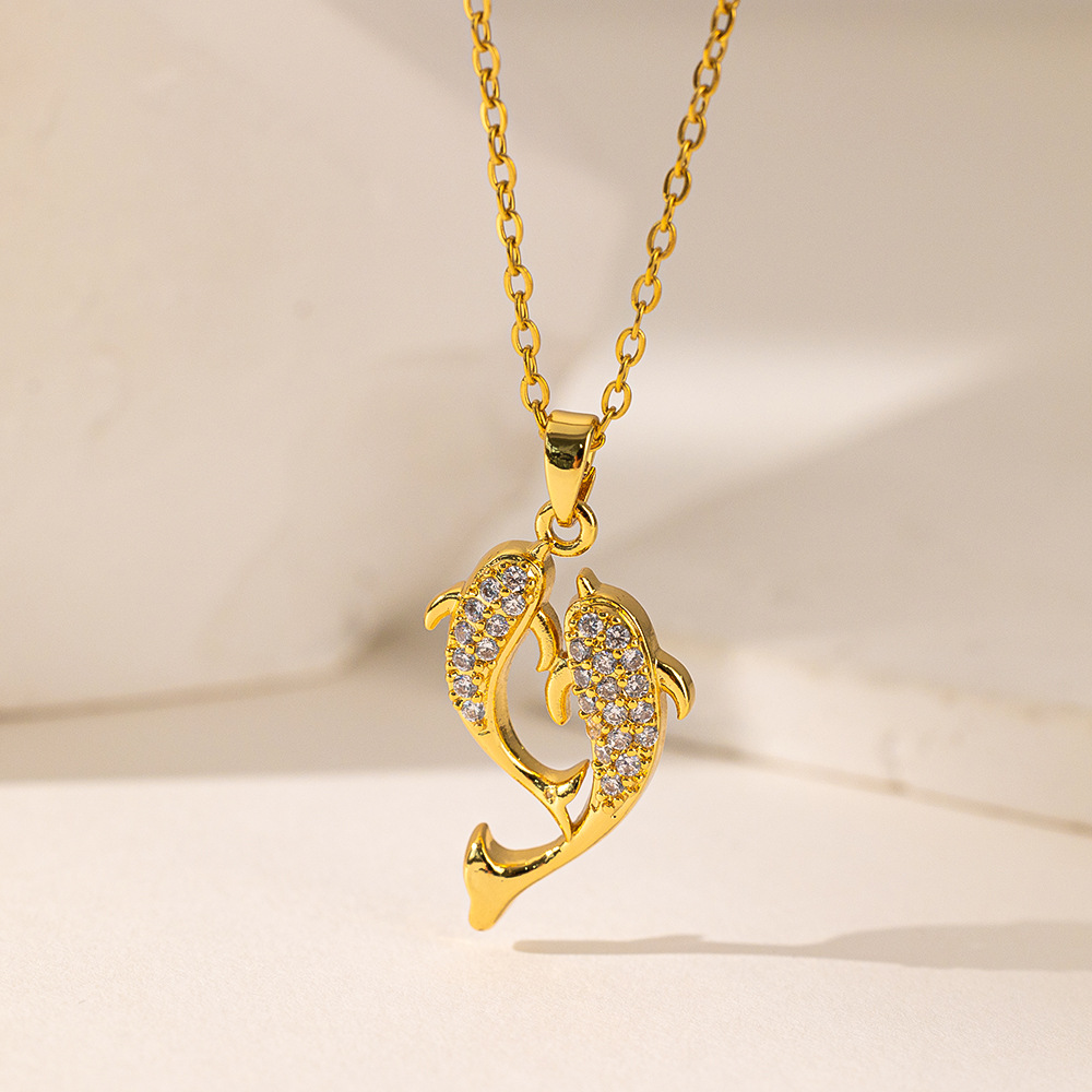 Wholesale Elegant Artistic Commute Moon Dolphin Bow Knot 304 Stainless Steel Polishing Inlay 18K Gold Plated Acrylic Artificial Rhinestones Pendant Necklace display picture 4