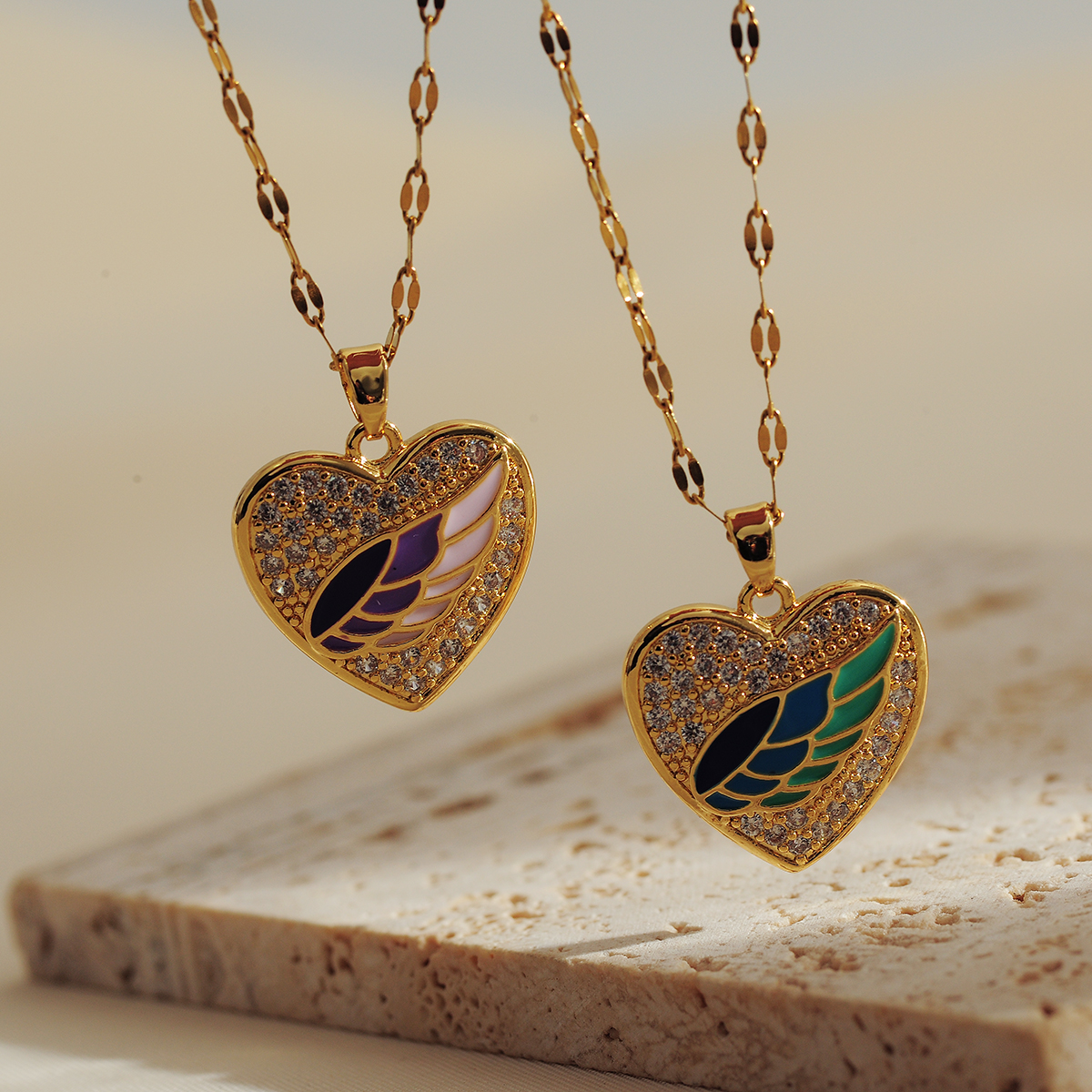 Titanium Steel Copper Gold Plated IG Style Shiny Enamel Inlay Heart Shape Wings Zircon Pendant Necklace display picture 2