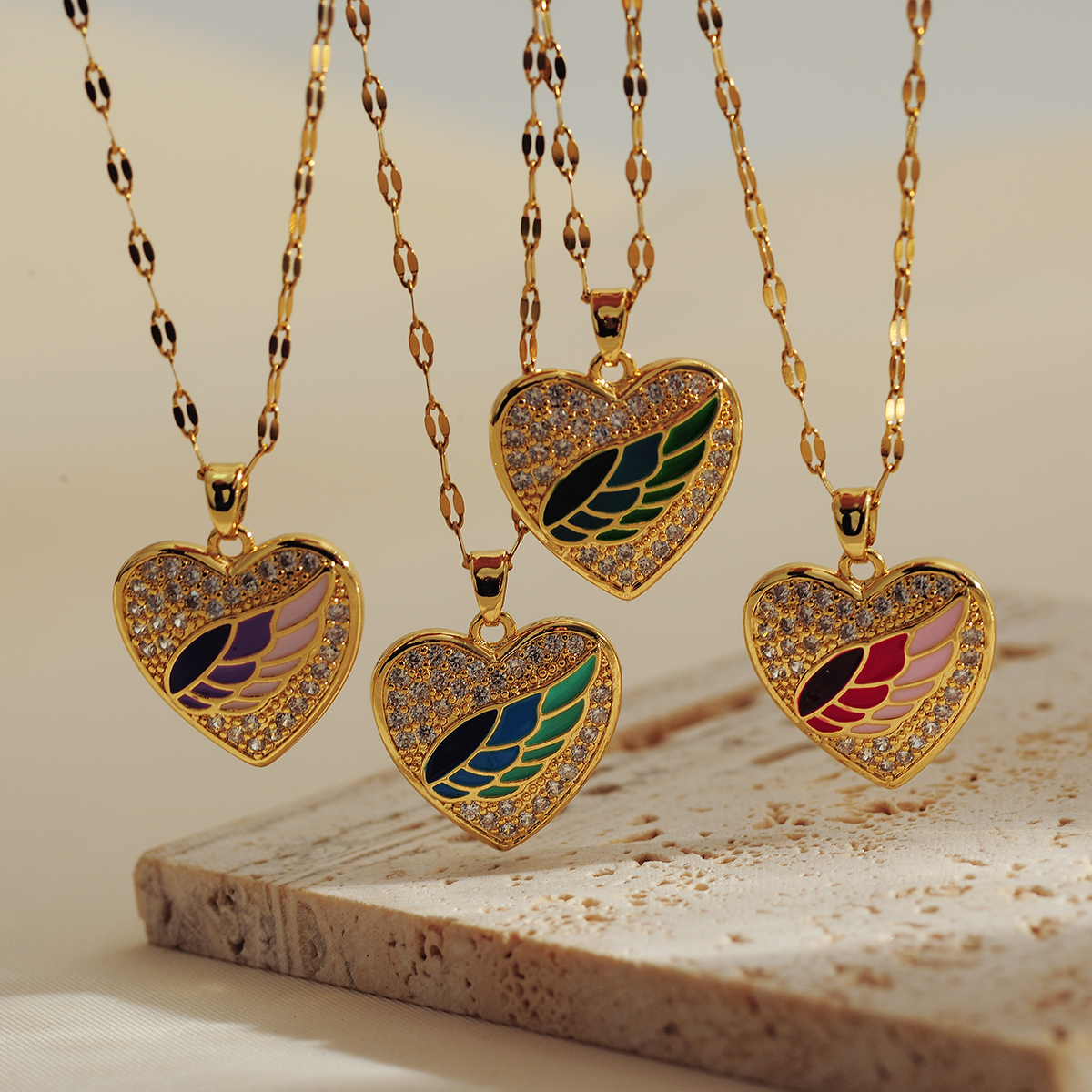 Titanium Steel Copper Gold Plated IG Style Shiny Enamel Inlay Heart Shape Wings Zircon Pendant Necklace display picture 3