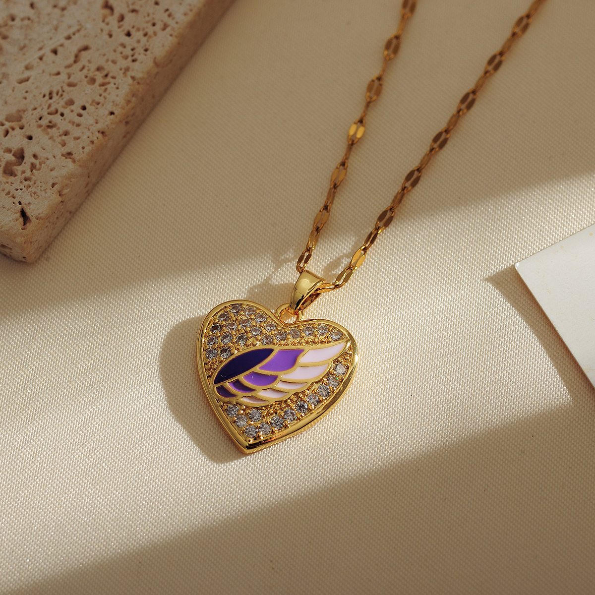 Titanium Steel Copper Gold Plated IG Style Shiny Enamel Inlay Heart Shape Wings Zircon Pendant Necklace display picture 6