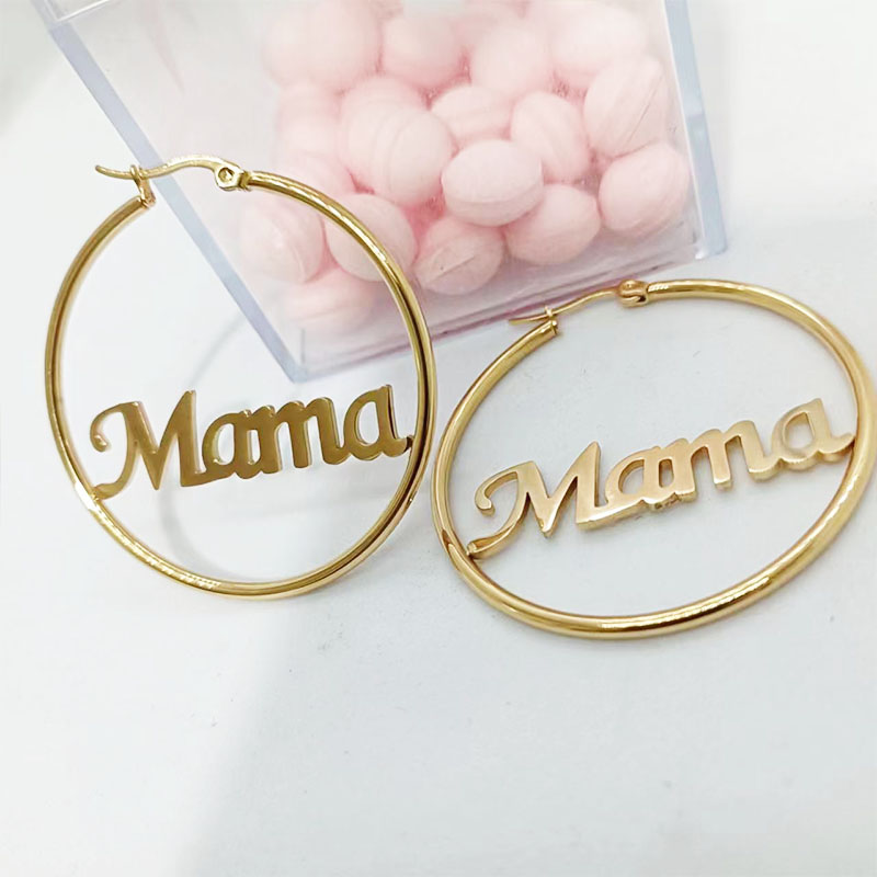 1 Pair MAMA Simple Style Classic Style Round Letter Hollow Out 201 Stainless Steel 18K Gold Plated Earrings display picture 2