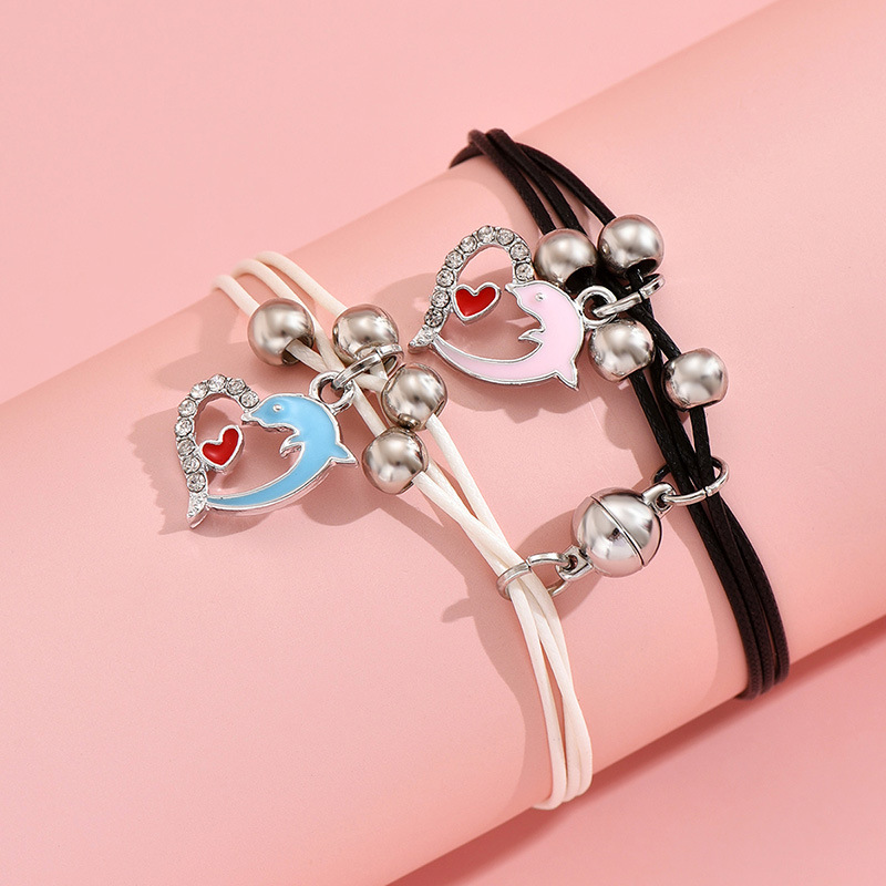 Cute Simple Style Dolphin Heart Shape Alloy Rope Enamel Hollow Out Inlay Rhinestones Women's Bracelets display picture 1