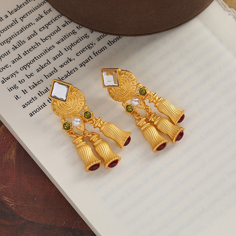 1 Pair Retro Roman Style Geometric Plating Inlay Carving Metal Copper Brass Pearl Zircon Gold Plated Drop Earrings Ear Studs display picture 21