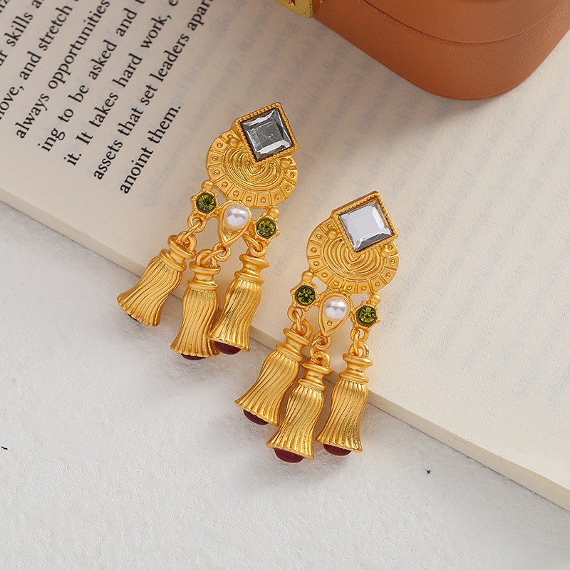 1 Pair Retro Roman Style Geometric Plating Inlay Carving Metal Copper Brass Pearl Zircon Gold Plated Drop Earrings Ear Studs display picture 22