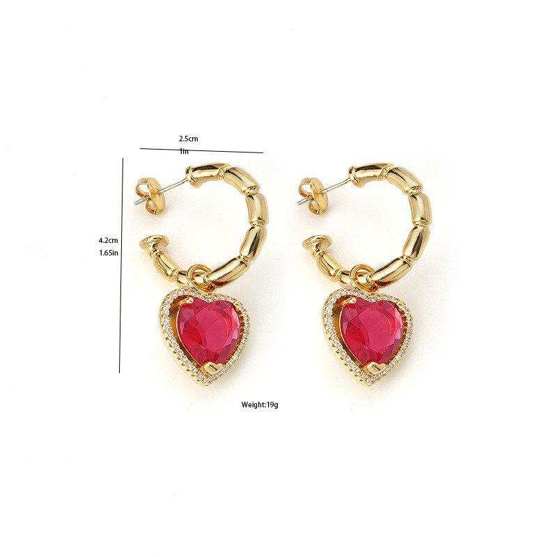 1 Pair Elegant Shiny C Shape Heart Shape Inlay Brass Zircon 18K Gold Plated Drop Earrings display picture 5