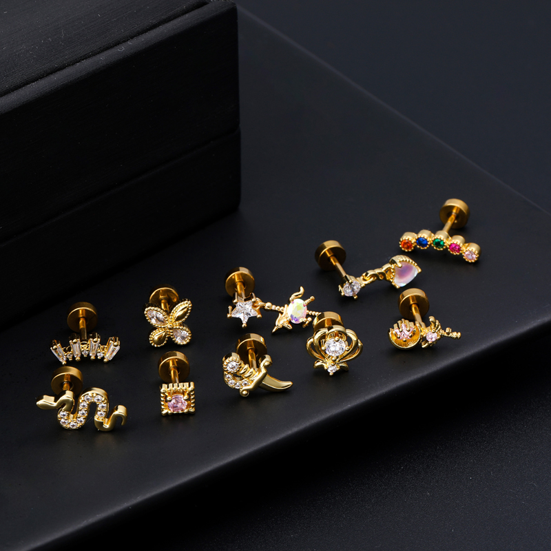 1 Piece Ear Cartilage Rings & Studs Classic Style Snake Butterfly Copper Polishing Inlay Zircon 18K Gold Plated Ear Cartilage Rings & Studs display picture 3