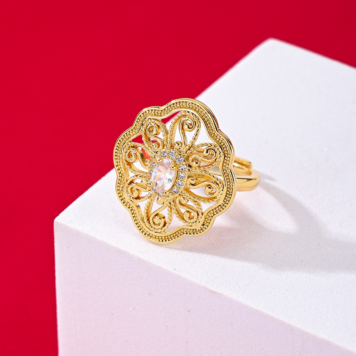 Kupfer Vergoldet Elegant Vintage-Stil Dame Inlay Geometrisch Zirkon Offener Ring display picture 5