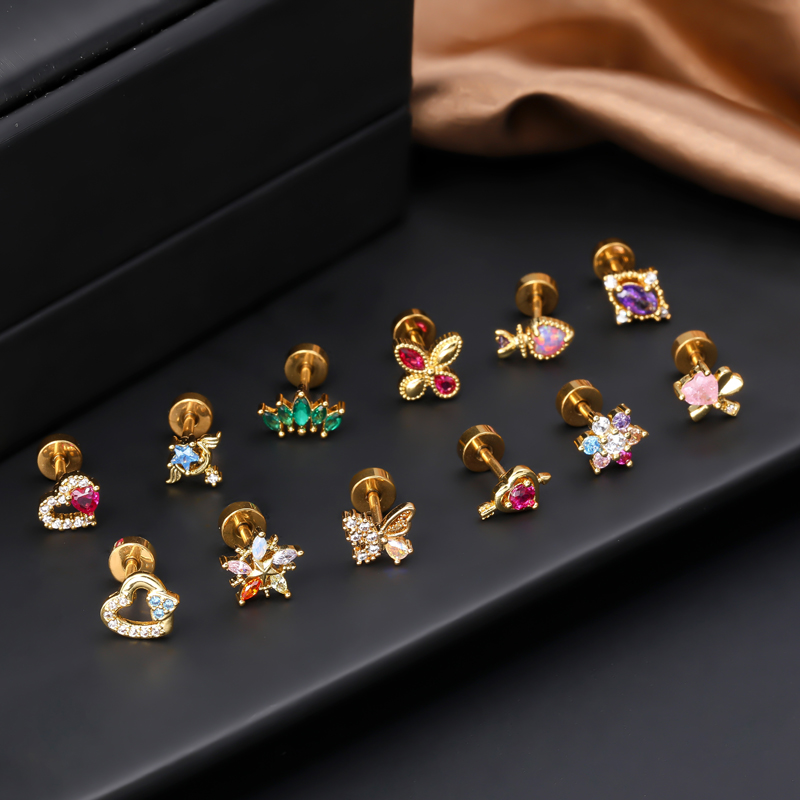 1 Piece Ear Cartilage Rings & Studs Simple Style Classic Style Star Heart Shape Copper Polishing Inlay Diamond 18K Gold Plated Ear Cartilage Rings & Studs display picture 1
