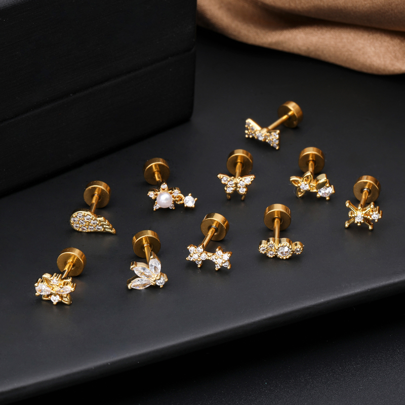 1 Piece Ear Cartilage Rings & Studs Classic Style Star Flower Butterfly 316 Stainless Steel  Copper Polishing Inlay Zircon 18K Gold Plated Ear Cartilage Rings & Studs display picture 3