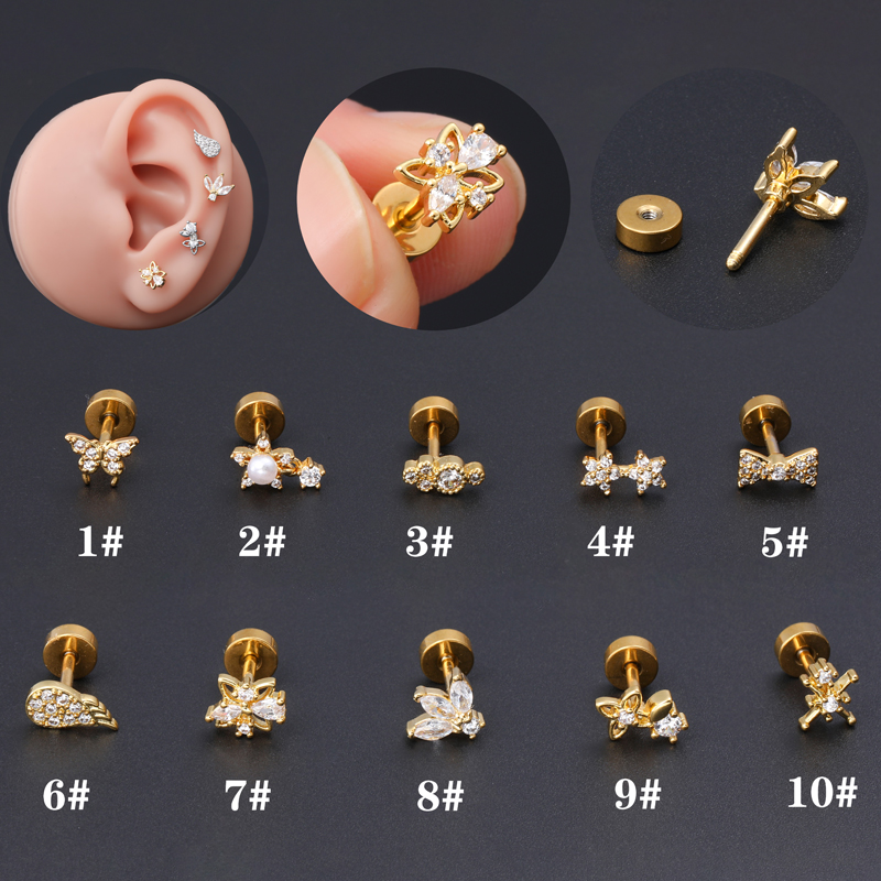 1 Piece Ear Cartilage Rings & Studs Classic Style Star Flower Butterfly 316 Stainless Steel  Copper Polishing Inlay Zircon 18K Gold Plated Ear Cartilage Rings & Studs display picture 2