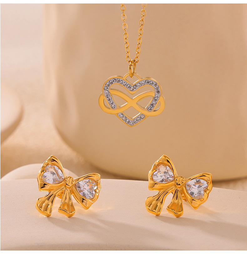 Titanium Steel 18K Gold Plated Casual Sweet Simple Style Inlay Infinity Heart Shape Bow Knot Rhinestones Zircon Earrings Necklace display picture 2