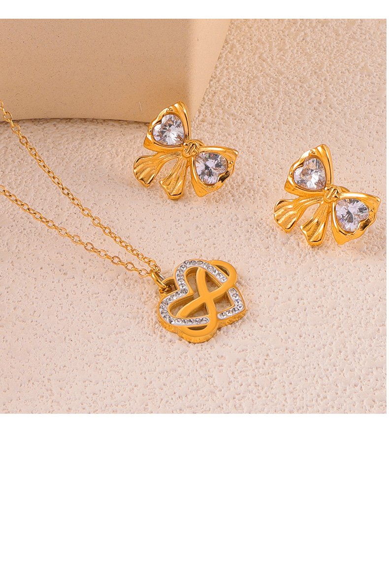 Titanium Steel 18K Gold Plated Casual Sweet Simple Style Inlay Infinity Heart Shape Bow Knot Rhinestones Zircon Earrings Necklace display picture 4