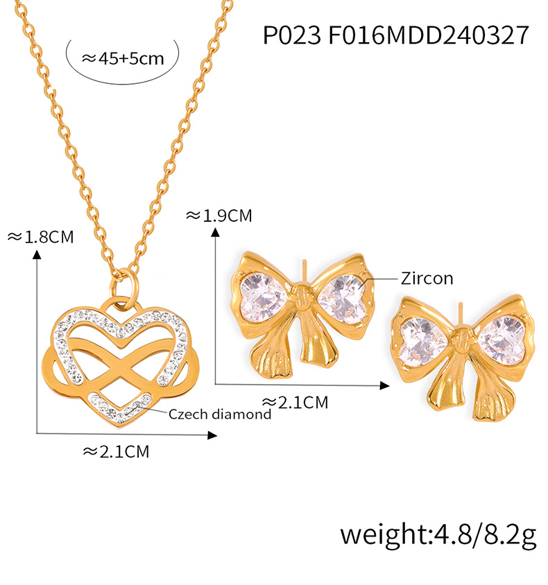 Titanium Steel 18K Gold Plated Casual Sweet Simple Style Inlay Infinity Heart Shape Bow Knot Rhinestones Zircon Earrings Necklace display picture 6