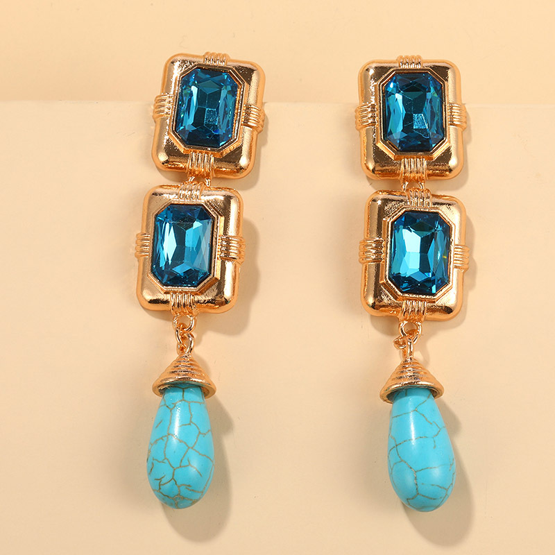 1 Pair IG Style Simple Style Water Droplets Rectangle Inlay Alloy Turquoise Rhinestones Drop Earrings display picture 3