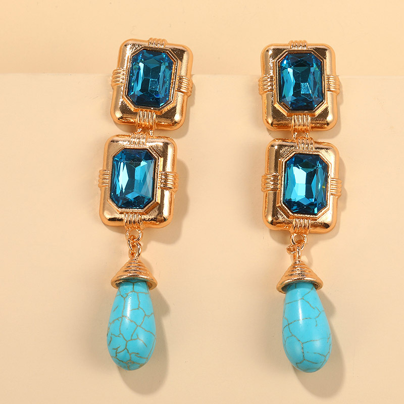 1 Paire Style IG Style Simple Les Gouttelettes D'Eau Rectangle Incruster Alliage Turquoise Strass Boucles D'oreilles display picture 3