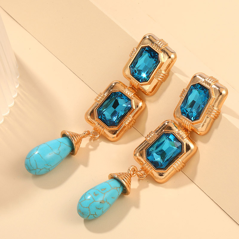 1 Pair IG Style Simple Style Water Droplets Rectangle Inlay Alloy Turquoise Rhinestones Drop Earrings display picture 4