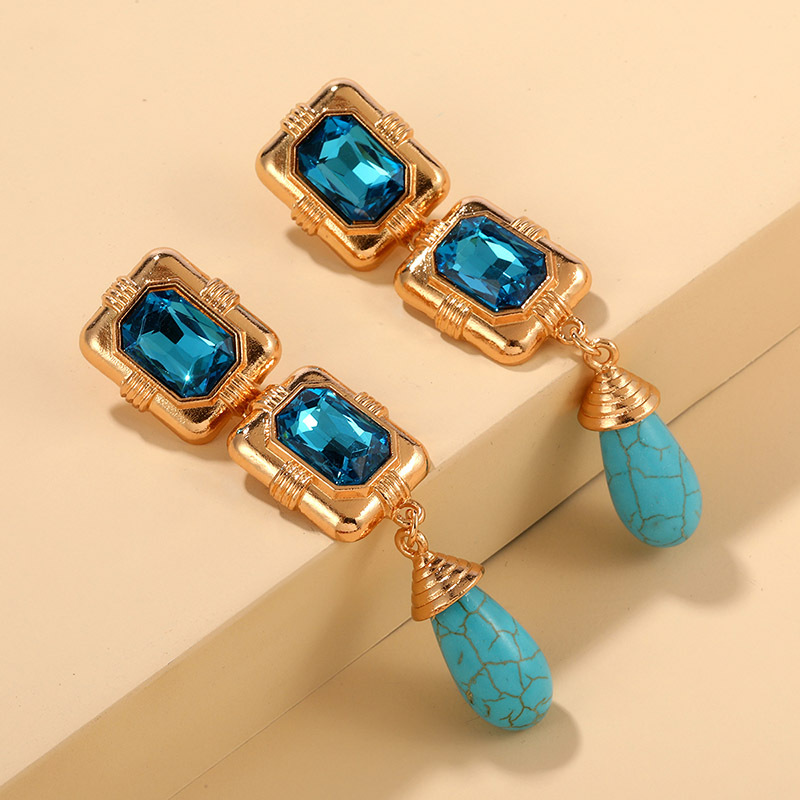 1 Pair IG Style Simple Style Water Droplets Rectangle Inlay Alloy Turquoise Rhinestones Drop Earrings display picture 5