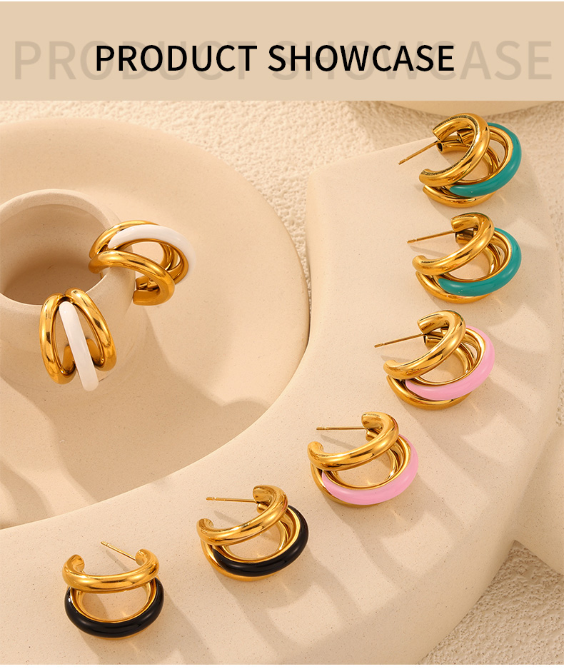 1 Pair Casual Sweet Simple Style C Shape Layered Enamel Titanium Steel 18K Gold Plated Ear Studs display picture 1