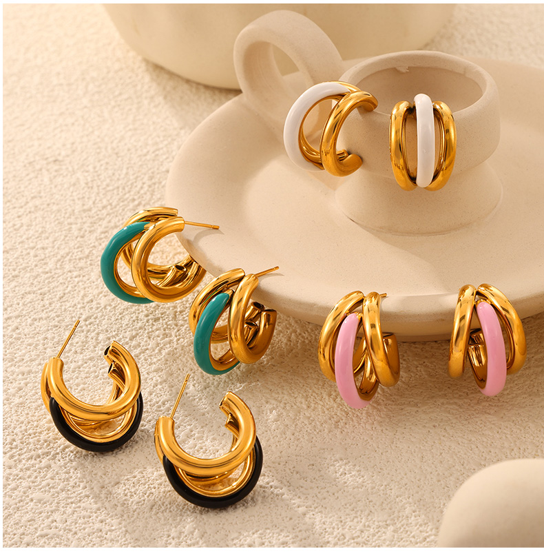 1 Pair Casual Sweet Simple Style C Shape Layered Enamel Titanium Steel 18K Gold Plated Ear Studs display picture 2