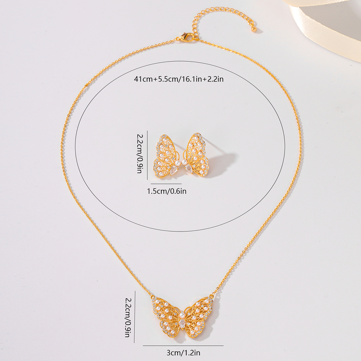 Kupfer 18 Karat Vergoldet Elegant Dame Braut Inlay Schmetterling Zirkon Ohrringe Halskette display picture 1
