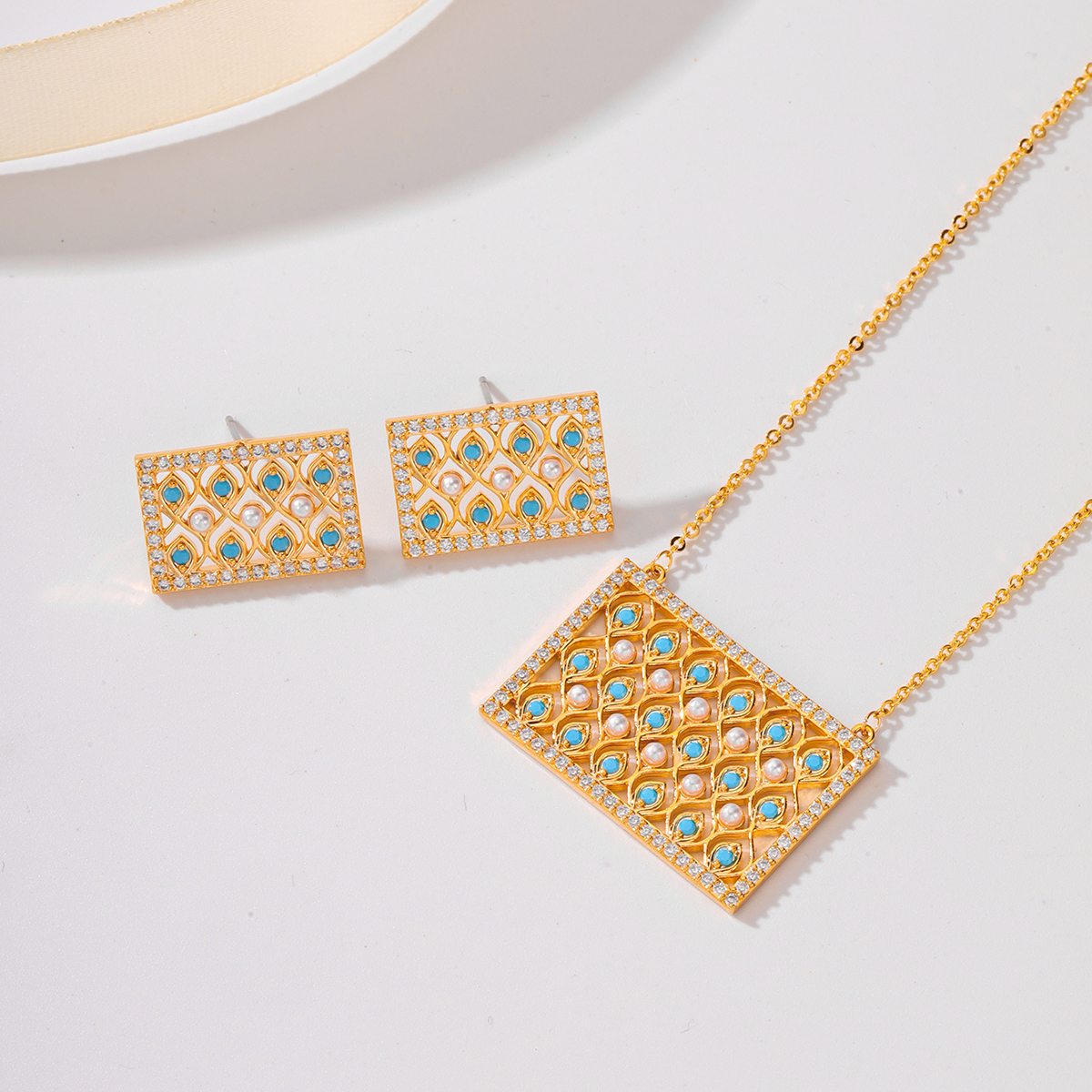 Seed Bead Copper 18K Gold Plated Elegant Lady Bridal Inlay Geometric Zircon Earrings Necklace display picture 2