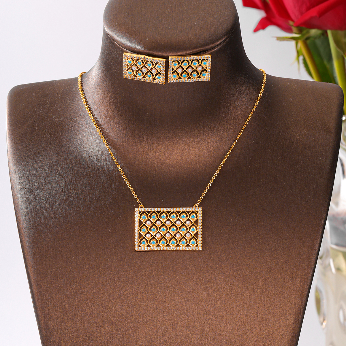 Cuenta De Semillas Cobre Chapados en oro de 18k Elegante Señora Nupcial Embutido Geométrico Circón Aretes Collar display picture 5