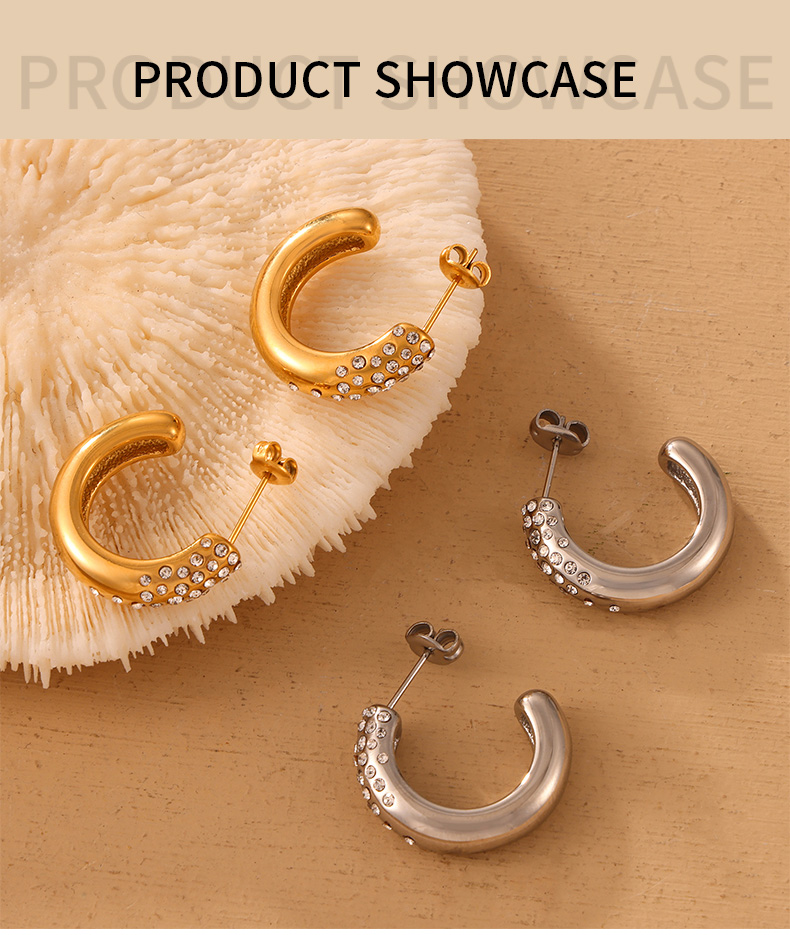 1 Pair Casual Simple Style Commute C Shape Inlay Titanium Steel Rhinestones 18K Gold Plated Ear Studs display picture 1