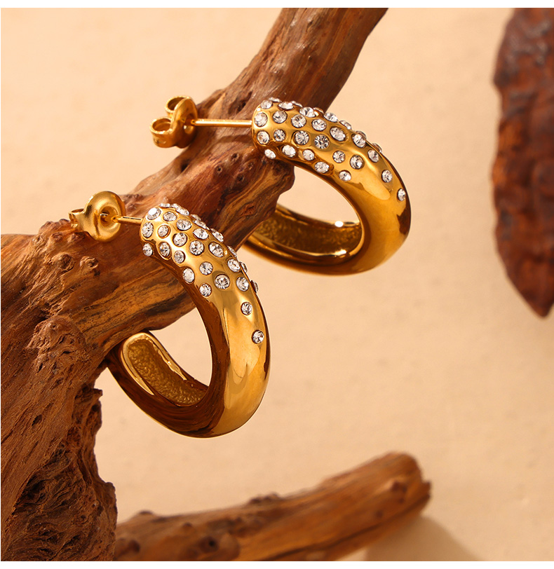 1 Pair Casual Simple Style Commute C Shape Inlay Titanium Steel Rhinestones 18K Gold Plated Ear Studs display picture 2
