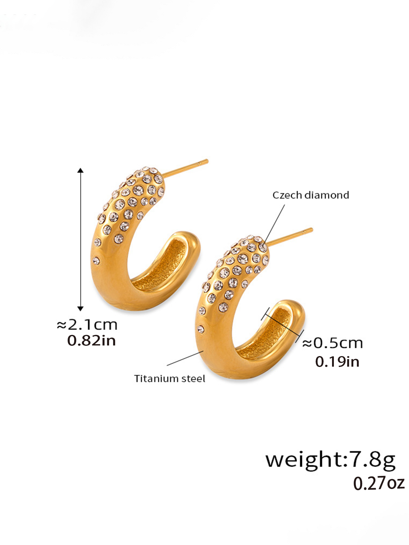 1 Pair Casual Simple Style Commute C Shape Inlay Titanium Steel Rhinestones 18K Gold Plated Ear Studs display picture 6