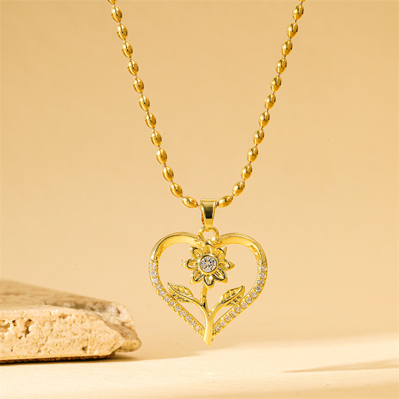 201 Stainless Steel Brass 18K Gold Plated Simple Style Classic Style Hollow Out Inlay Heart Shape Flower Zircon Pendant Necklace display picture 1