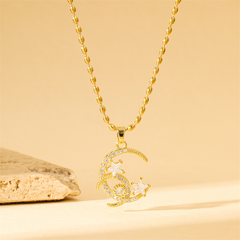 201 Stainless Steel Brass 18K Gold Plated Simple Style Classic Style Inlay Star Moon Zircon Pendant Necklace display picture 1