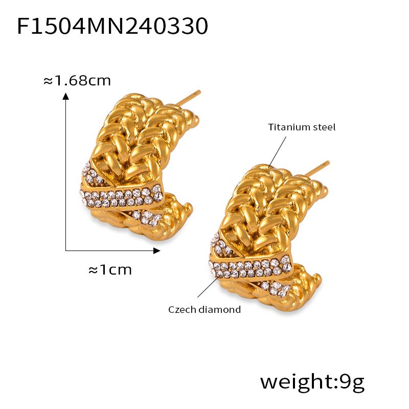 1 Pair Casual Elegant Simple Style C Shape Chain Inlay Titanium Steel Rhinestones 18K Gold Plated Ear Studs display picture 6