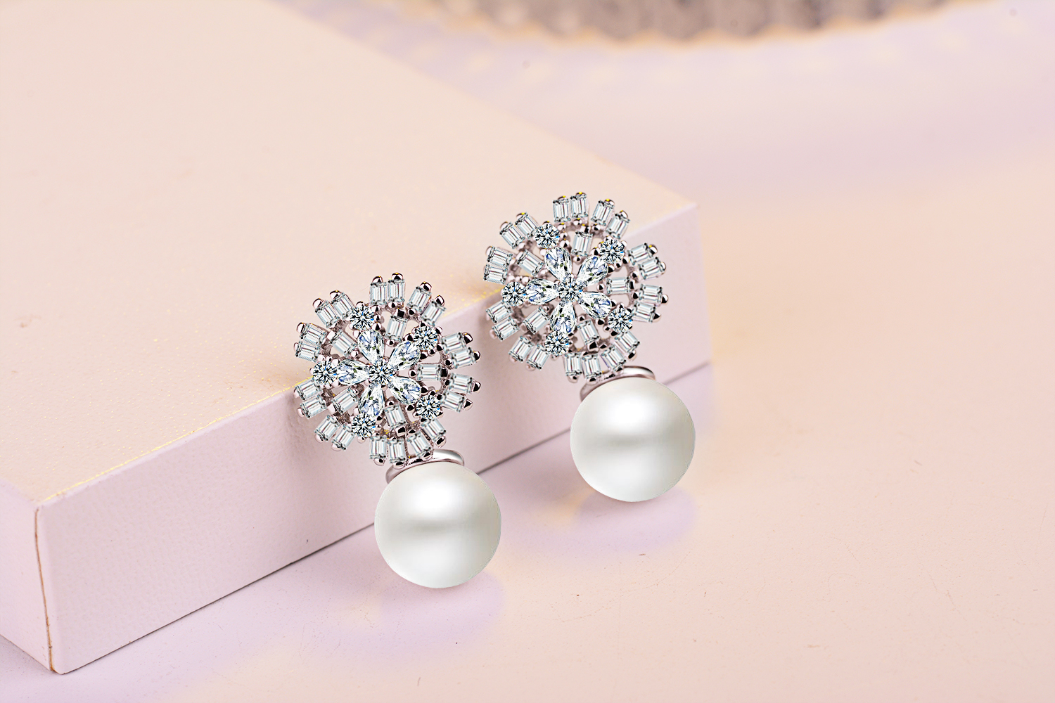 1 Pair IG Style Shiny Flower Inlay Copper Pearl Zircon White Gold Plated Drop Earrings display picture 6