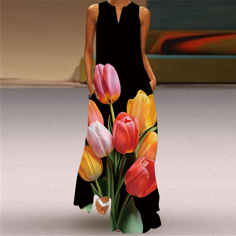Frau Normales Kleid Elegant V-Ausschnitt Ärmellos Blume Schmetterling Maxi Langes Kleid Bankett Gruppe Datum display picture 2