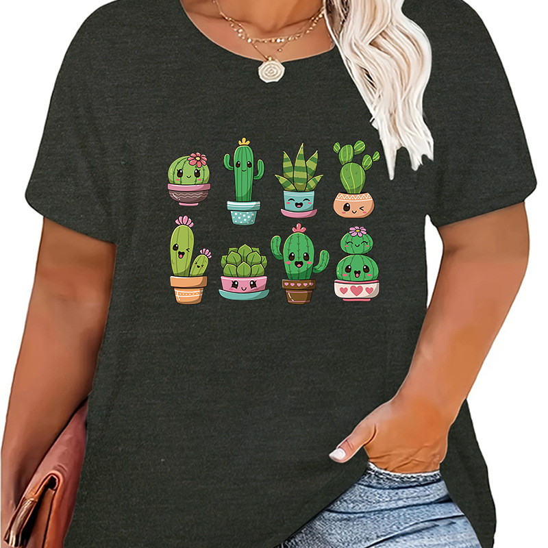 T-Shirt Kurzarm Übergrößen Drucken Einfacher Stil Kaktus Brief display picture 1