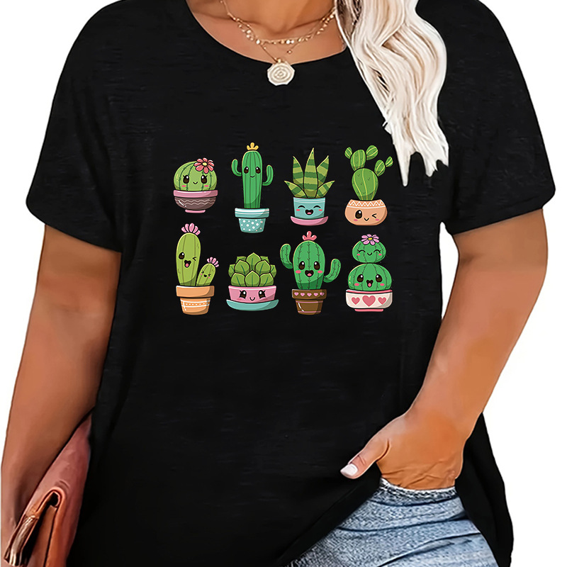 T-Shirt Kurzarm Übergrößen Drucken Einfacher Stil Kaktus Brief display picture 2