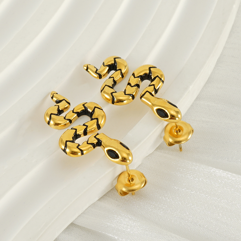 1 Pair IG Style Simple Style Snake Inlay 304 Stainless Steel Zircon 18K Gold Plated Ear Studs display picture 3