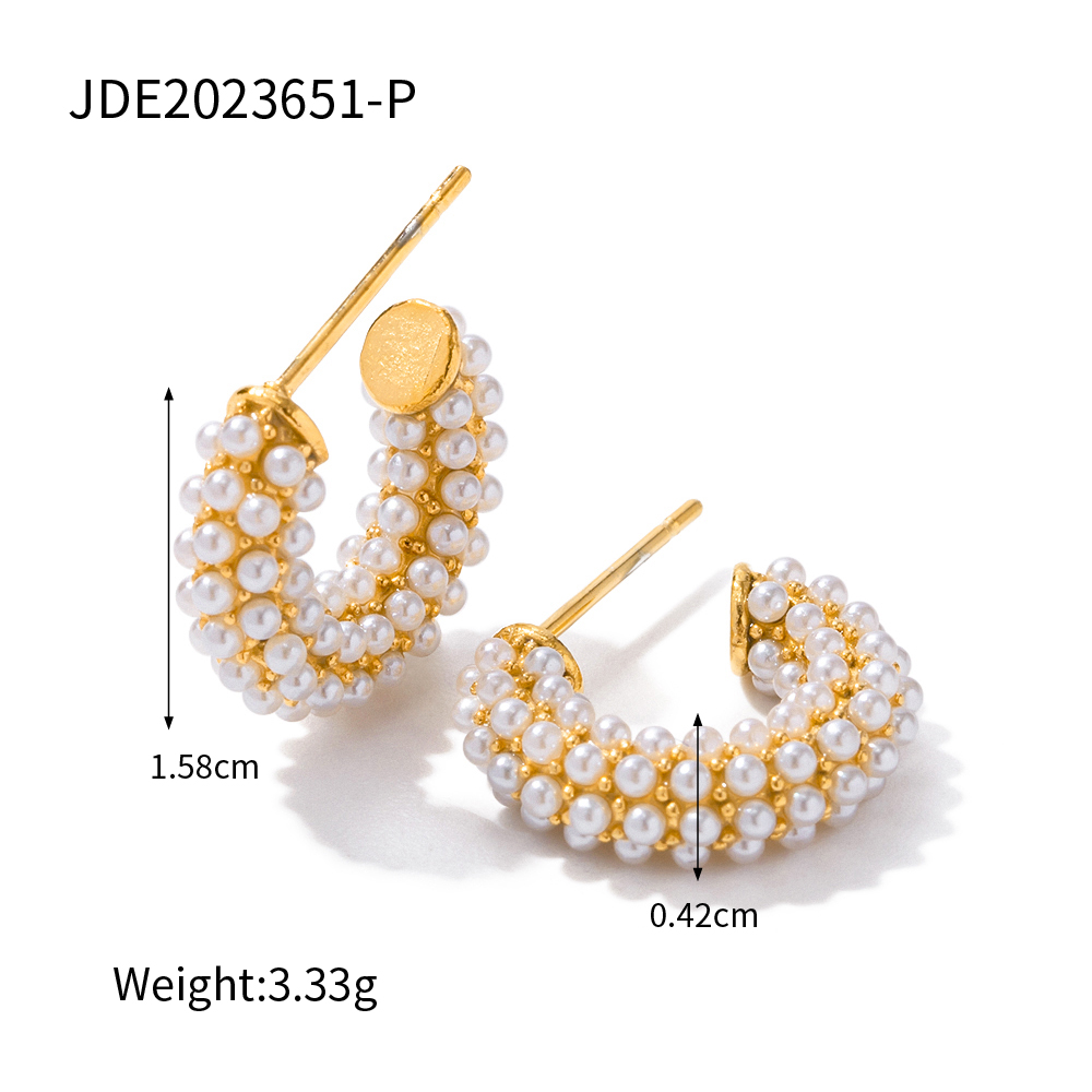 1 Pair IG Style Elegant Lady C Shape Inlay 316 Stainless Steel  Artificial Pearls 18K Gold Plated Earrings display picture 1