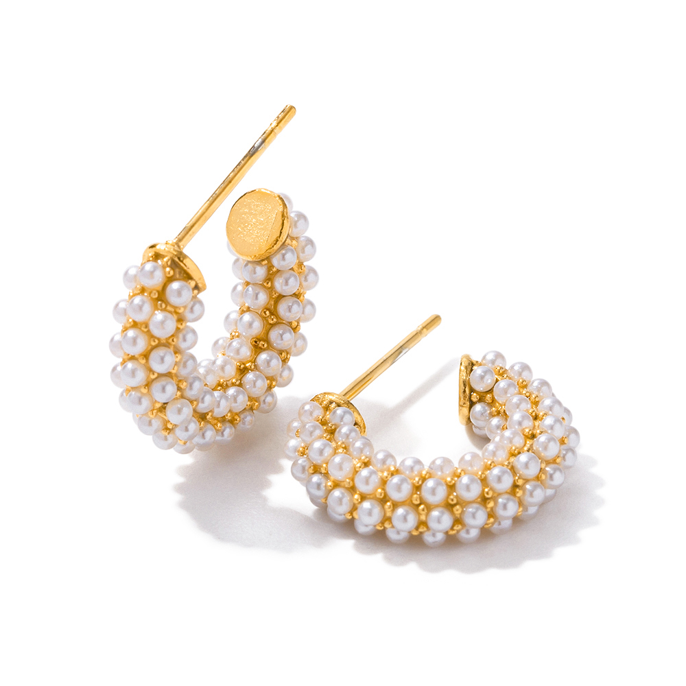 1 Pair IG Style Elegant Lady C Shape Inlay 316 Stainless Steel  Artificial Pearls 18K Gold Plated Earrings display picture 7