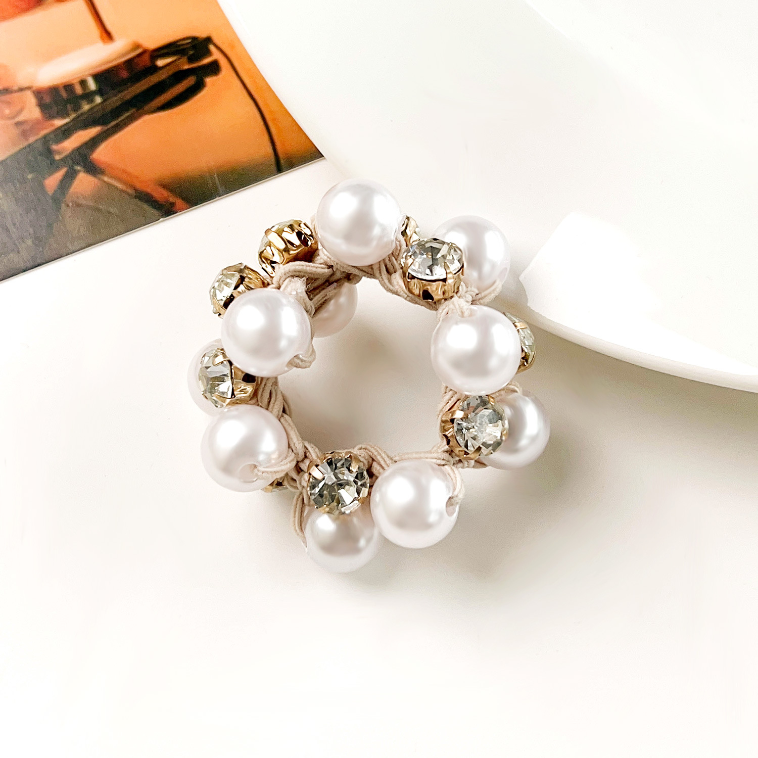 Women's Simple Style Classic Style Color Block Cloth Inlay Rhinestones Pearl Hair Tie display picture 2