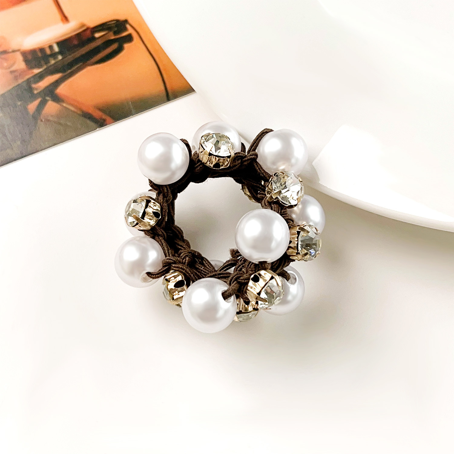 Women's Simple Style Classic Style Color Block Cloth Inlay Rhinestones Pearl Hair Tie display picture 3