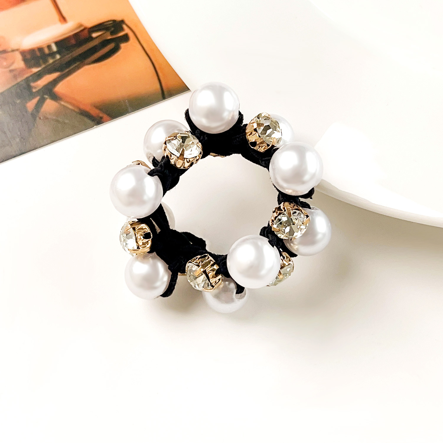 Women's Simple Style Classic Style Color Block Cloth Inlay Rhinestones Pearl Hair Tie display picture 4