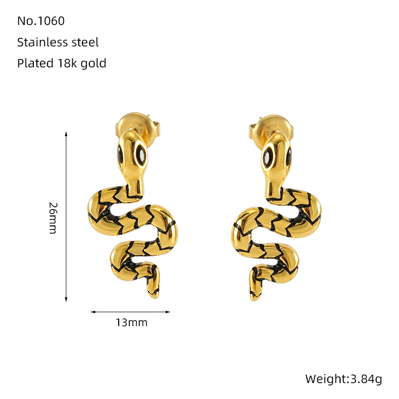 1 Pair IG Style Simple Style Snake Inlay 304 Stainless Steel Zircon 18K Gold Plated Ear Studs display picture 1