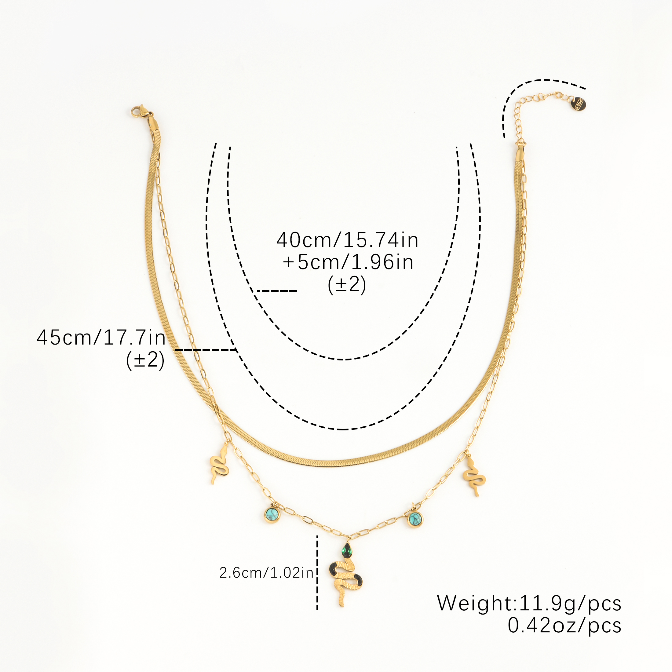 304 Stainless Steel 18K Gold Plated Hip-Hop Luxurious Plating Inlay Snake Turquoise Zircon Double Layer Necklaces display picture 1