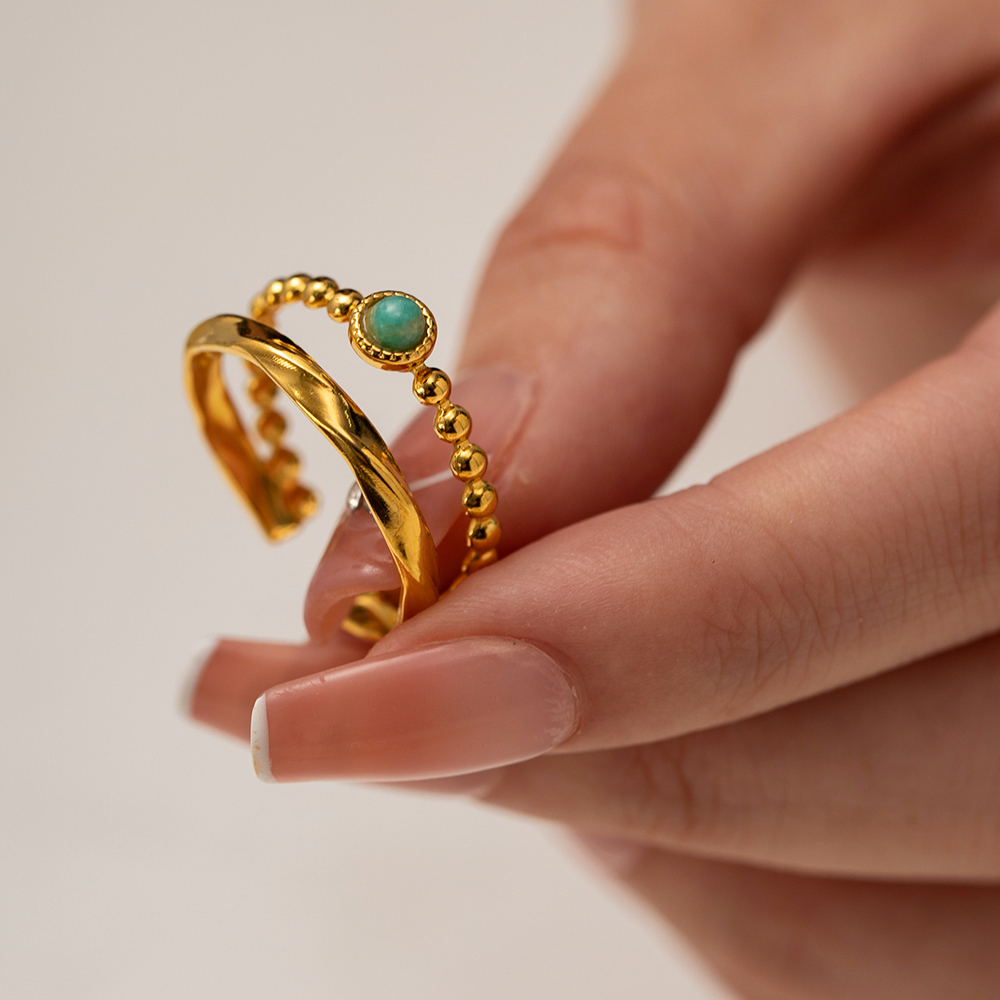 IG Style Lady Modern Style Geometric 304 Stainless Steel 18K Gold Plated Amazonite Open Rings In Bulk display picture 8