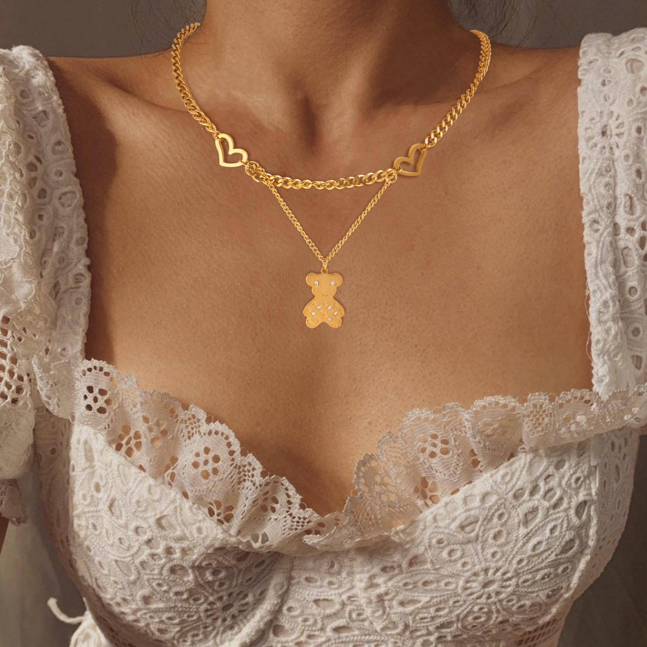 Acero Inoxidable 304 Chapados en oro de 18k Lindo Dulce Ahuecar Embutido Llevar Forma De Corazón Circón Collar Colgante display picture 2