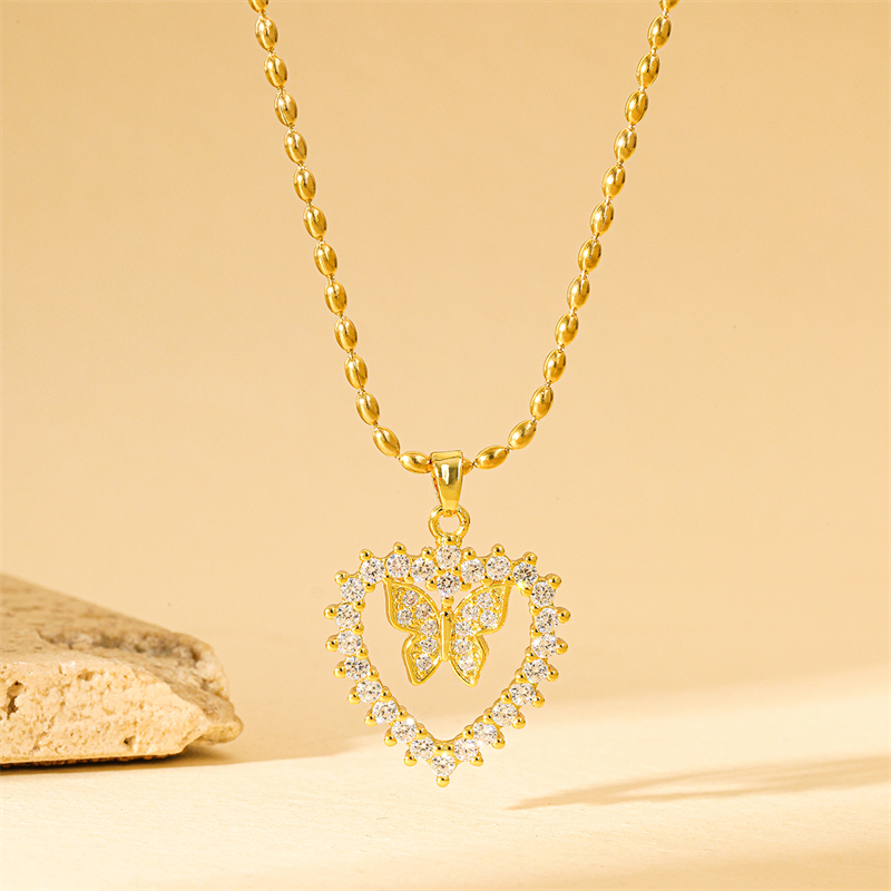 201 Stainless Steel Brass 18K Gold Plated Sweet Simple Style Classic Style Plating Inlay Heart Shape Flower Butterfly Zircon Pendant Necklace display picture 25