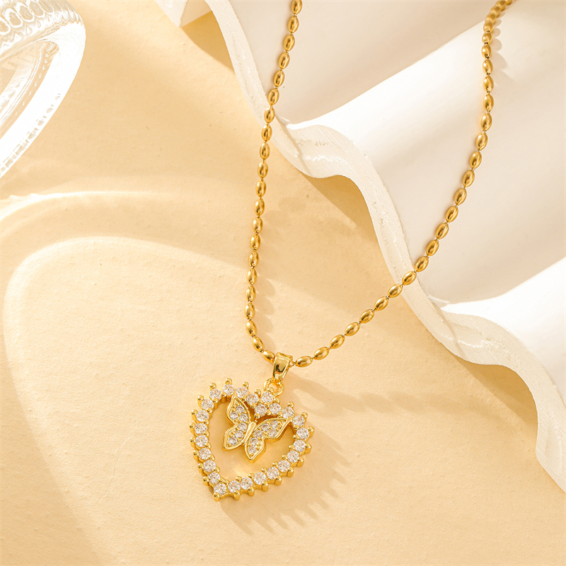 201 Stainless Steel Brass 18K Gold Plated Sweet Simple Style Classic Style Plating Inlay Heart Shape Flower Butterfly Zircon Pendant Necklace display picture 16