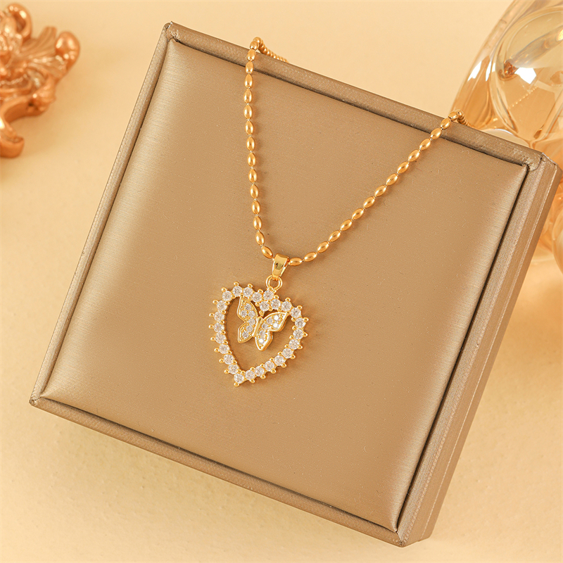 201 Stainless Steel Brass 18K Gold Plated Sweet Simple Style Classic Style Plating Inlay Heart Shape Flower Butterfly Zircon Pendant Necklace display picture 28