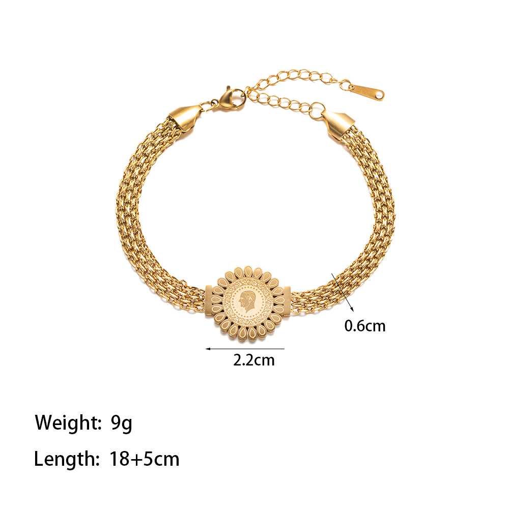 304 Stainless Steel 18K Gold Plated Vintage Style Classic Style Commute Polishing Plating Portrait Flower Bracelets display picture 5